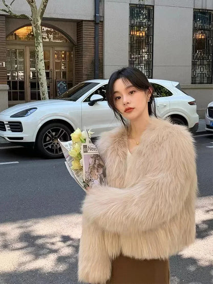 2025 Winter Female Faux Fur Jacket Short Design Long Sleeve O-neck Lightweight Women's Fur Coats Lady Fashion Outwear Cardigans