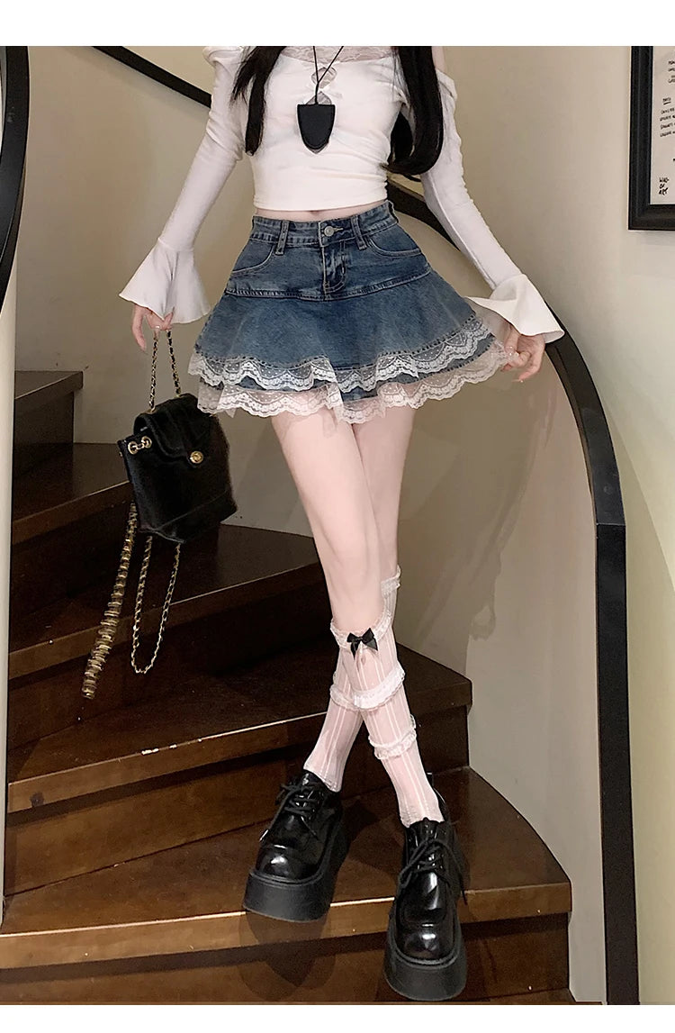 Sweet Sxey Denim Cake Skirt Women Retro Hight Waist A Line Mini Skirt Female Korean Fashion Casual Streetwear Pleated Skirt Y2K
