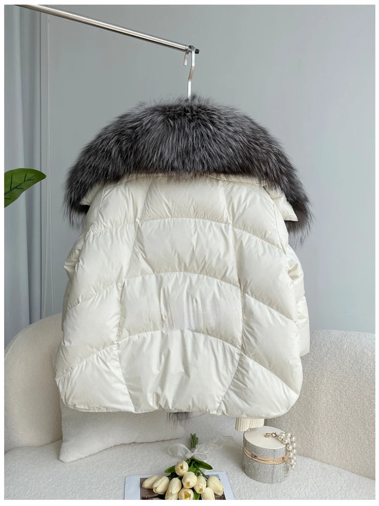 Oversized Winter Warm Real Fox Fur Collar Black Down Coat Women Puffer Outerwear Jackets 2024 Autumn Winter