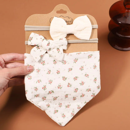 3Pcs/Set Muslin Cotton Print Bib Newborn Bows Headband Triangle Saliva Towel Infant Boy Girl Feeding Burp Baby Hair Accessories