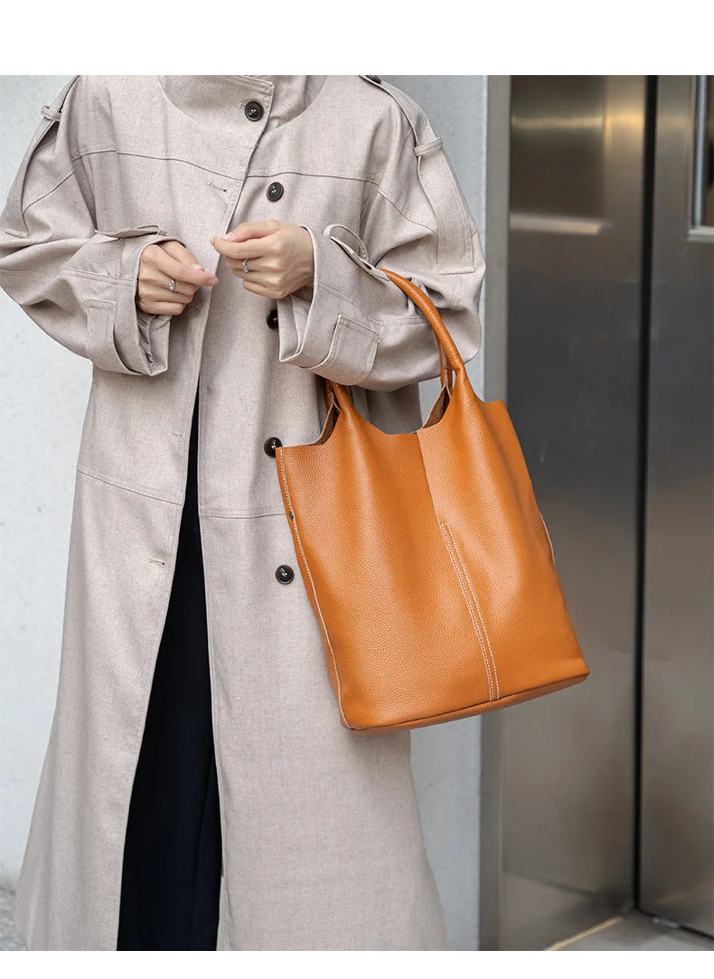 Genuine Grade Leather Women Commuter Tote Bag Ladies Soft Cowhide Tote Shoulder Handbag Large Female Bucket Bag Luxury Designer
