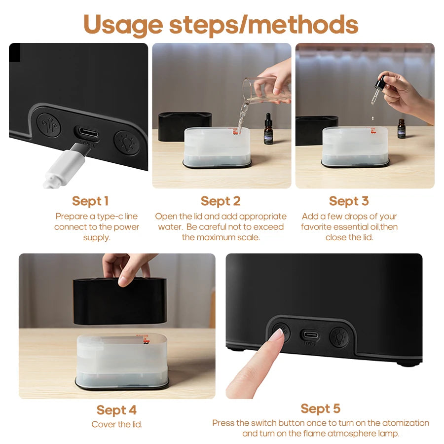 Mini Aroma Diffuser Aromatherapy Realistic Flame Lights Colorful RGB Air Humidifier Desktop USB Sprayer/Essential Oil Set