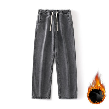 Men's Winter Fleece Loose Jeans Velvet Warm Elastic Waist Wide Leg Y2K Denim Pants Straight Comfortable Brand Men's Clothing