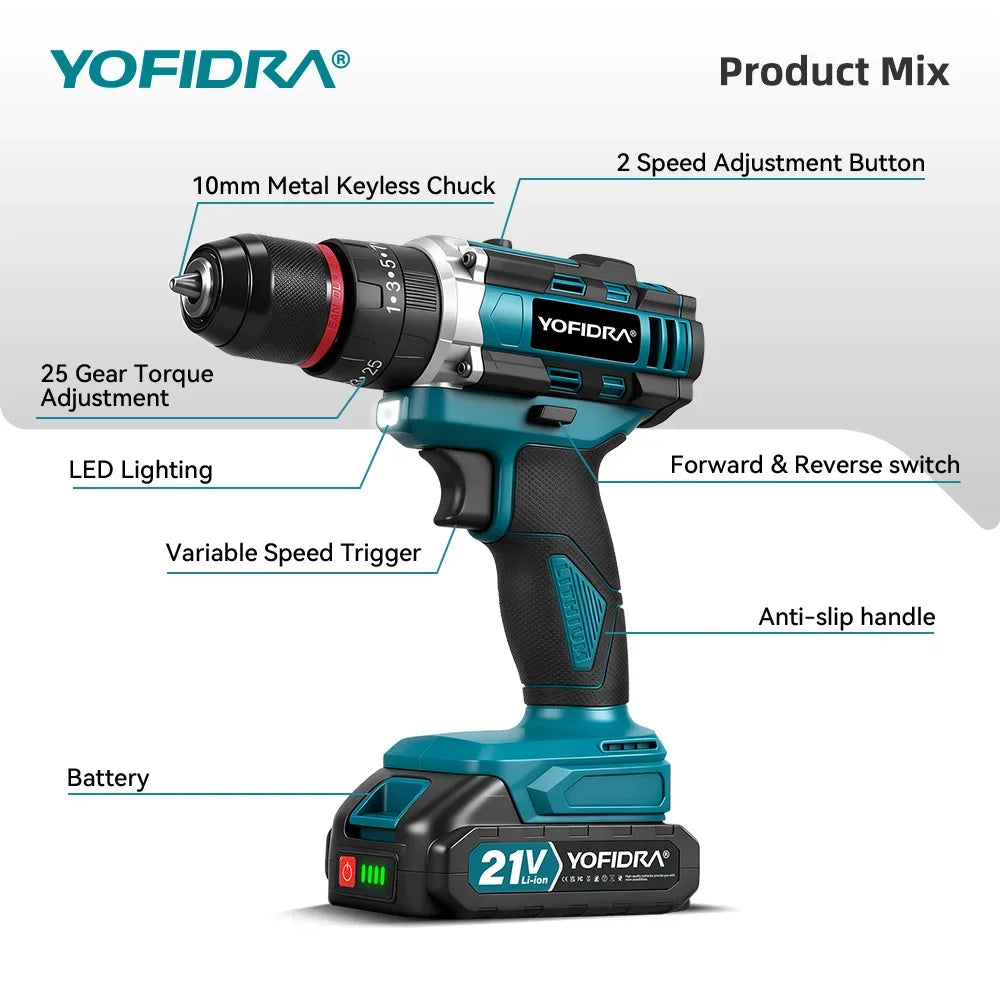 YOFIDRA  3 IN 1 25+3 Torque Electric Impact Drill Cordless Impact Drill Househeld Woodworking Power Tool for Makita Battery Pin