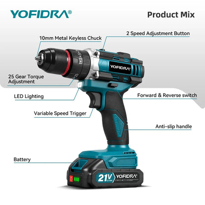 YOFIDRA  3 IN 1 25+3 Torque Electric Impact Drill Cordless Impact Drill Househeld Woodworking Power Tool for Makita Battery Pin