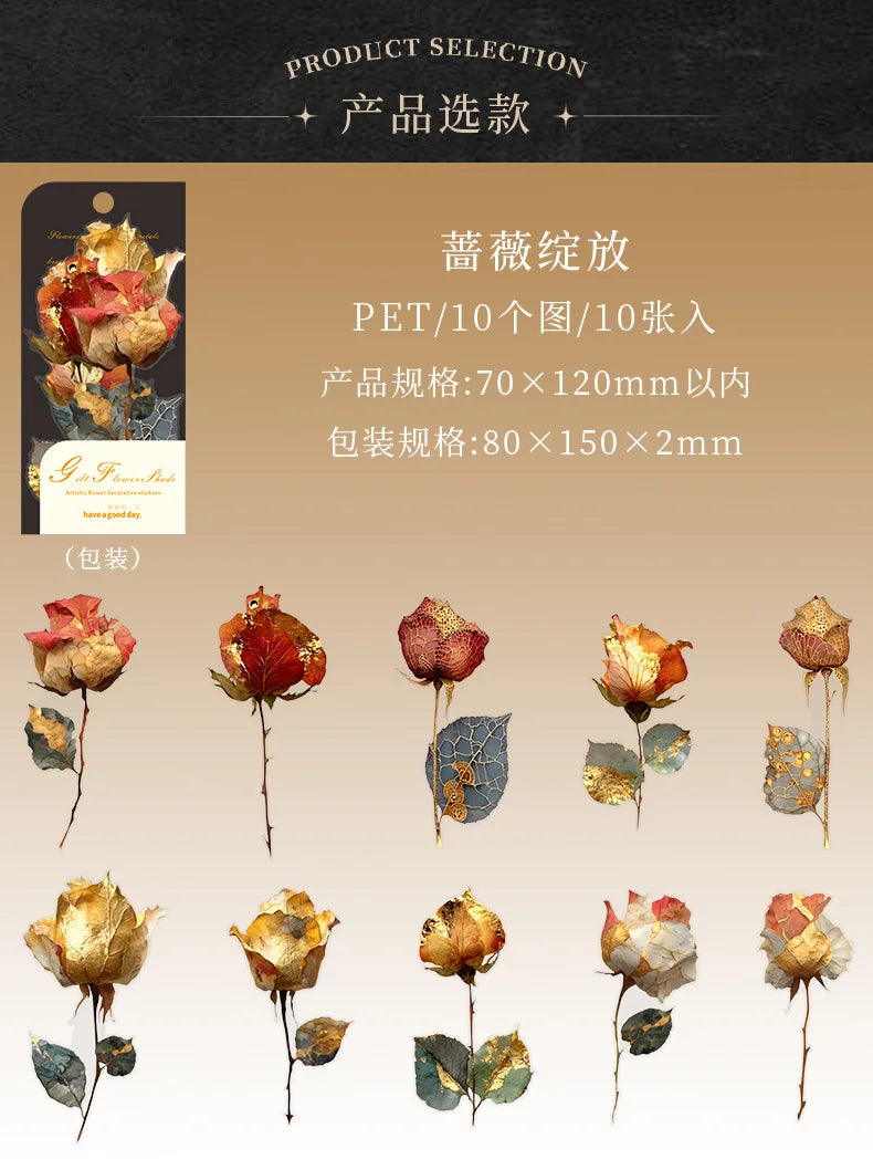 10pcs/1lot Kawaii Scrapbook Sticker Golden Flower Shadow Scrapbooking Supplies Planner Decorative Stationery Sticker