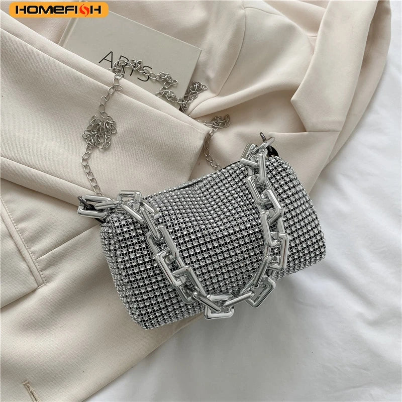 HOMEFISH Sparkling Rhinestone Bucket Bag, Chain Decor Party Clutch Purse, Female Mini Crossbody Bag
