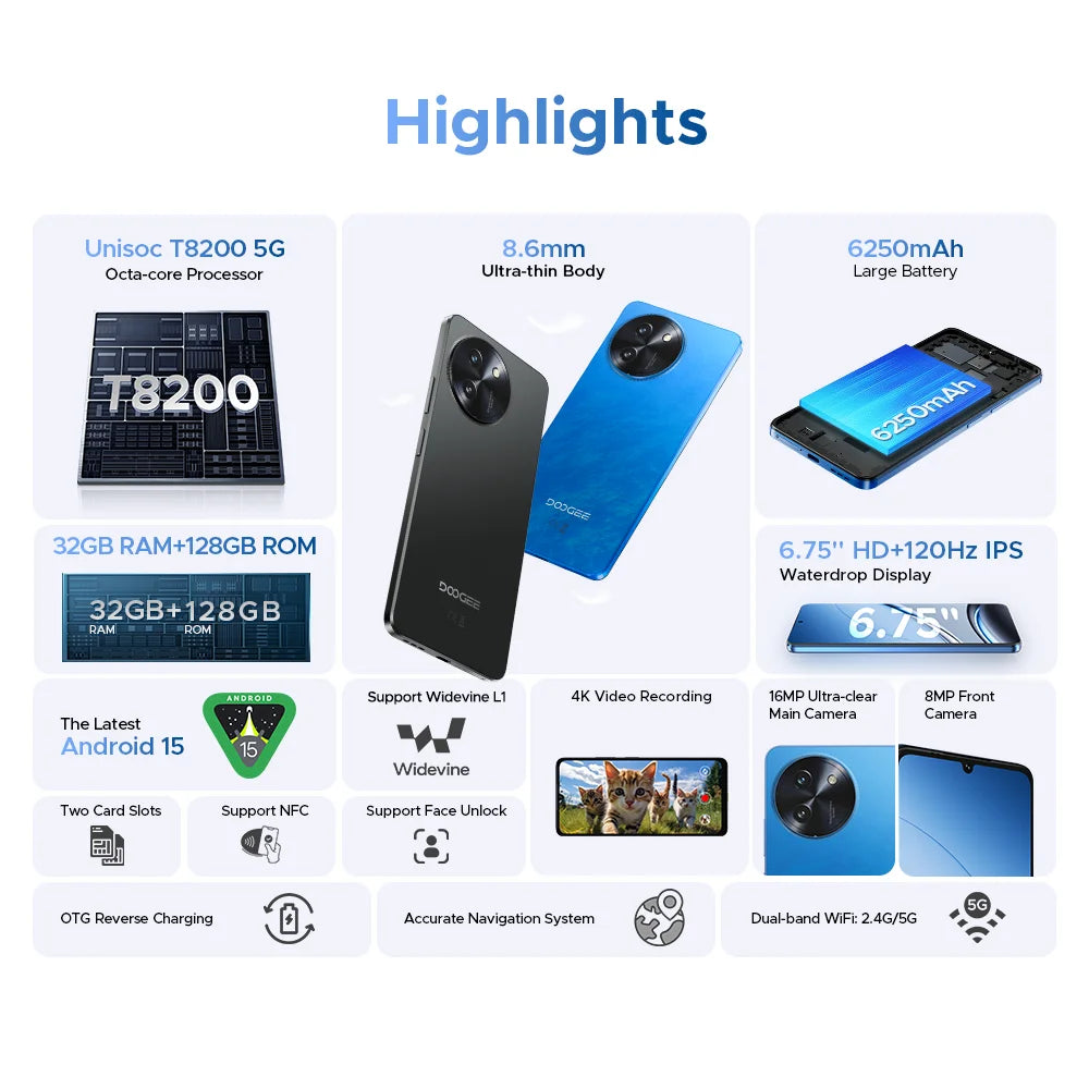 DOOGEE Note 59 5G SmartphoneAndroid 15 NFC Cellphone 6.75" Screen 32GB (8+24) 128GB Unisoc T820  6250mAh Battery Mobile Phone