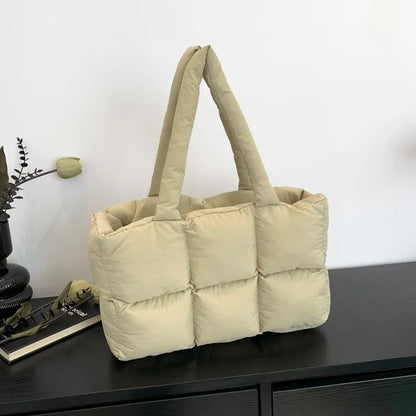 Women Tote Handbags Quilted Plaid Bag Retro Trendy Checkered Waterproof Shoulder Bag Solid Color Winter Soft Large Capacity Bags