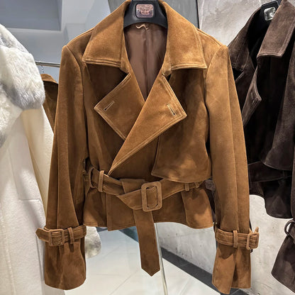 YOLOAgain 2025 Autumn Elegant Real Leather Jacket Coat Women Oversized Leather Jacket With Belt