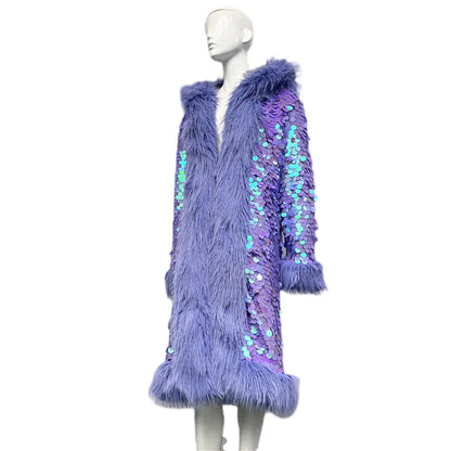 Patchwork Women Hooded Faux Fur Coat Fox Fur Long Sleeve Thick Warm Fur Outerwear Spliced Party Stage Loose Fit Sequined