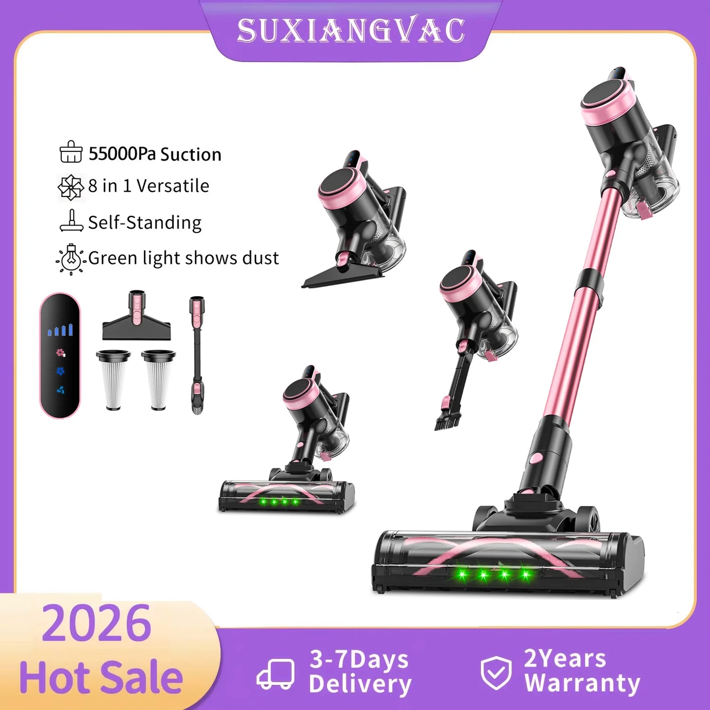 Cordless Vacuum Cleaner, 55KPa Powerful Suction, 45Mins Runtime, Self-Standing Stick Vacuum with 1.5L Dust Cup, 3 Suction Modes for Home Floor,Pet Hair and Carpet