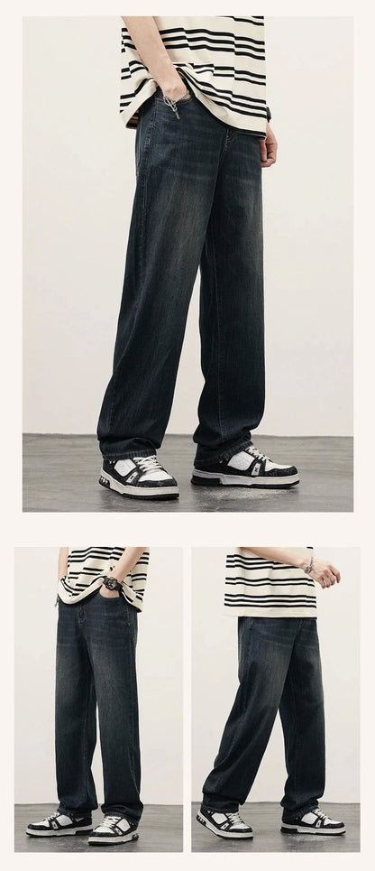 2025Spring Autumn New Men Straight Vintage Fit Jeans Casual Trousers High Quality Male Korean Fashion Baggy Wide Leg Denim Pants