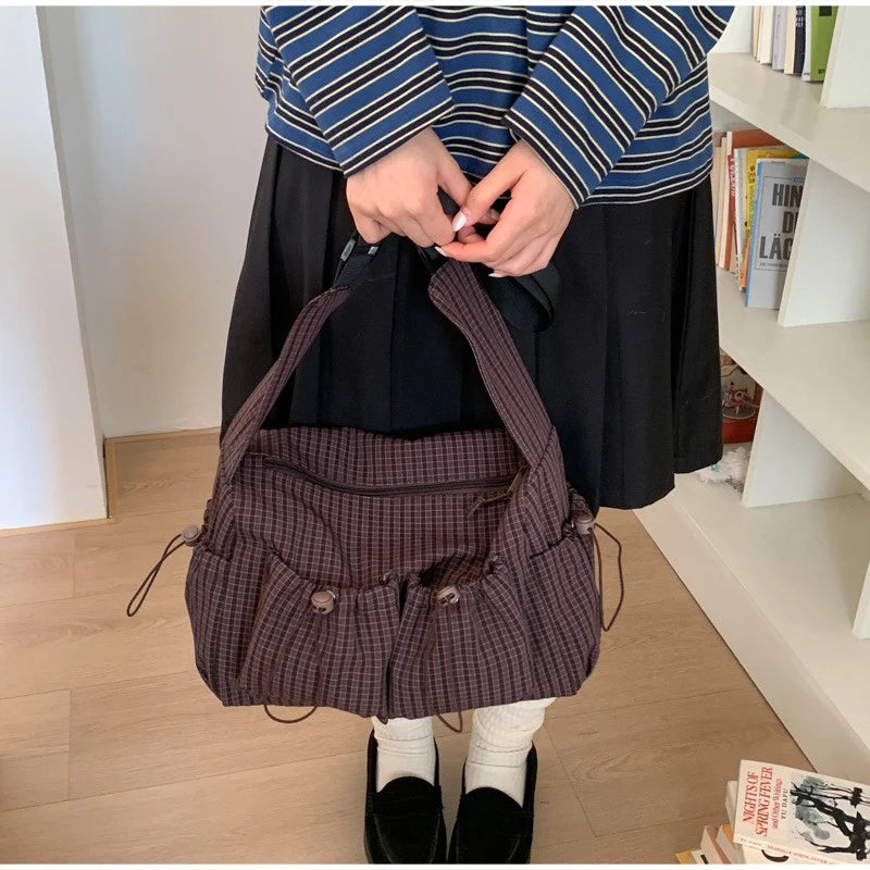 Korean Nylon Shoulder Bag Fashion Simple Plaid Zipper Tote Bag Drawstring Pleated Cloud Bag New Commuter Crossbody Shoulder Bag