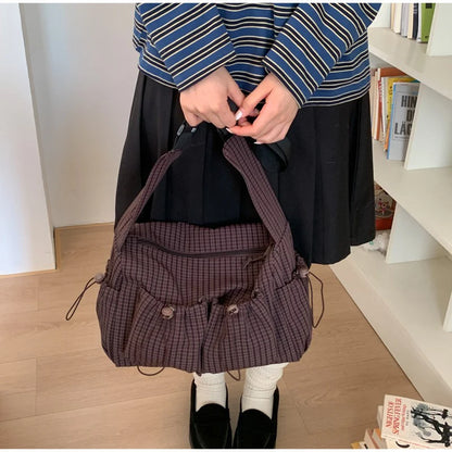 Korean Nylon Shoulder Bag Fashion Simple Plaid Zipper Tote Bag Drawstring Pleated Cloud Bag New Commuter Crossbody Shoulder Bag