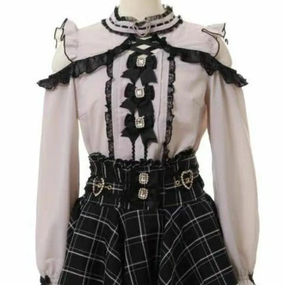 Women Japanese Sweet Lolita Blouses Summer Elegant Bow Off Shoulder JK Shirt Female Gothic Hot Girls Casual Lace Ruffles Tops