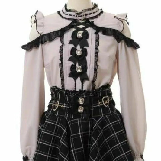 Women Japanese Sweet Lolita Blouses Summer Elegant Bow Off Shoulder JK Shirt Female Gothic Hot Girls Casual Lace Ruffles Tops