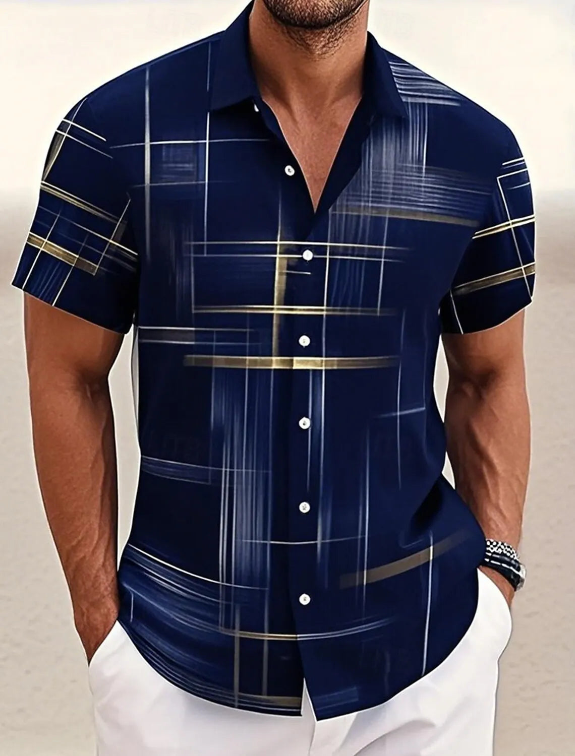 Summer Men's Geometric Grid  Plaid Shirts Short SleeveTurndown Hawaiian Shirt Button Up Shirts No Pockets Shirts