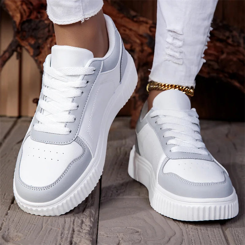 ZERJER Unisex Sneakers, New Arrival Large Size Classic Retro Men's Sports Skate Shoes, White Thick-Soled Tennis Shoes, Solid Col