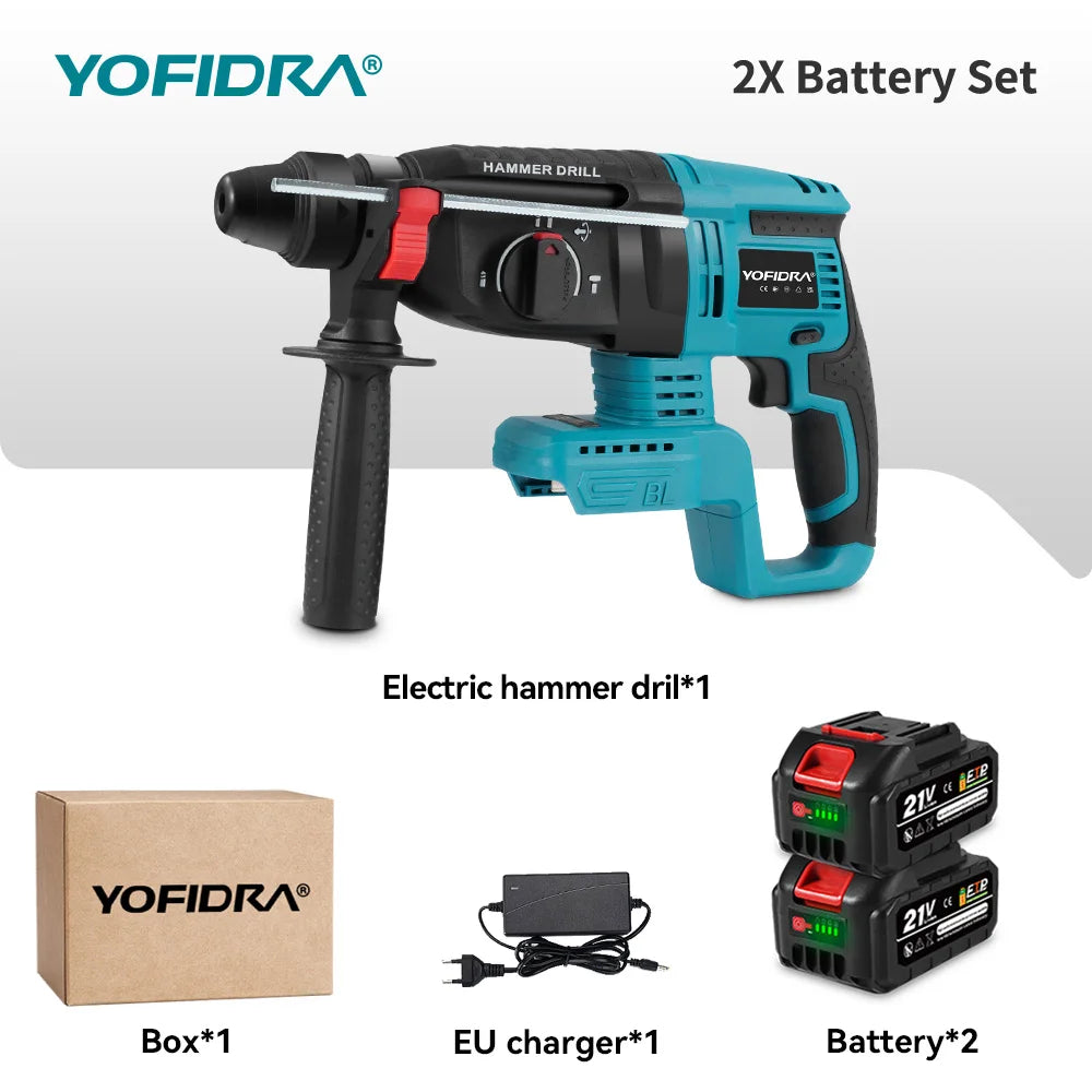 YOFIDRA Brushless Electric Hammer Impact Drill 26MM Cordless Woodworking Impact Drill Power Tools Set For Makita 18V Battery Pin