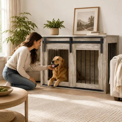 Cage Caisse for Dog Animals Interior Sliding Door, Metal Effect Wood, Dim. 57H X 80W X 54L cm