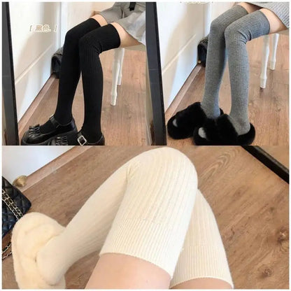 Cashmere Knitted Knee High Socks Women's Solid Soft Long Wool Socks Casual Fluffy Warm Stocking Skinny Thicken Thigh High Socks