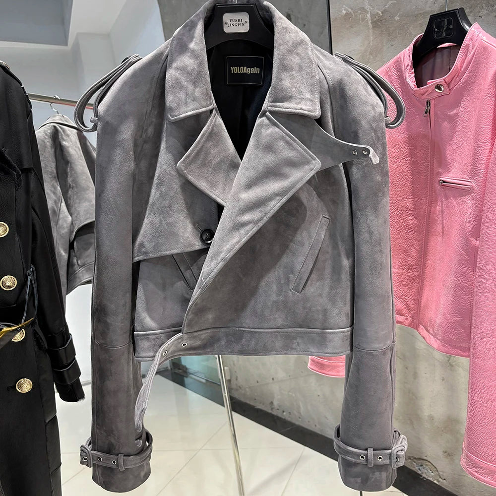YOLOAgain Wide Shoulder Real Leather Jacket Women Oversized Genuine Leather Cropped Jacket