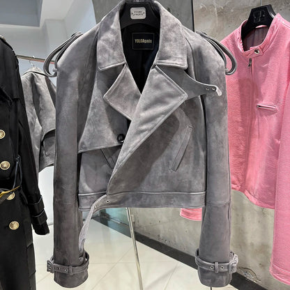 YOLOAgain Wide Shoulder Real Leather Jacket Women Oversized Genuine Leather Cropped Jacket