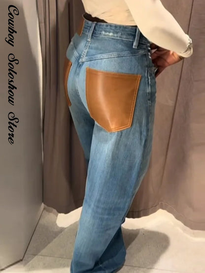 Female Vintage Leather Pocket Jeans Women Blue Zipper Straight Loose Trousers Lady New Fashion Daily Casual Spring Pants 2026