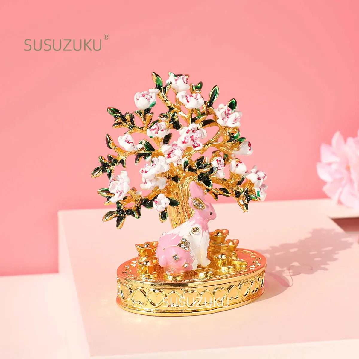 Cherry Blossom Tree Crystal Hinged Jewelry Box Little White Rabbit Necklace Earrings Nail Ring Box