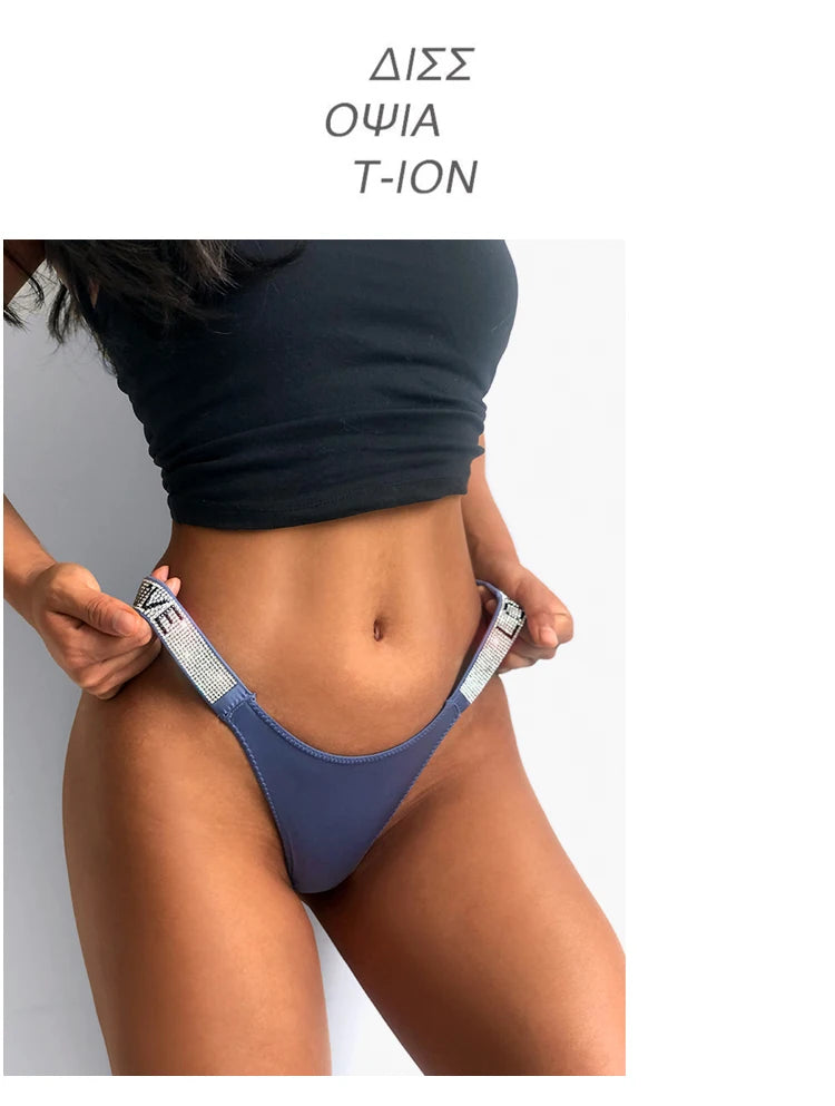 Low Waist Sexy Women Thongs Panties Rhinestones letter Diamonds G String Sports Thong Shorts Briefs T-back Fitness Size S-XL