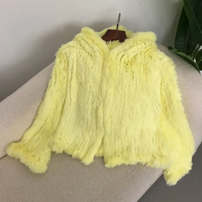 2024 Short Rabbit Fur Coat for Women Autumn Winter New Encrypted Thickened Handmade Double-sided Woven Hooded Korean Style