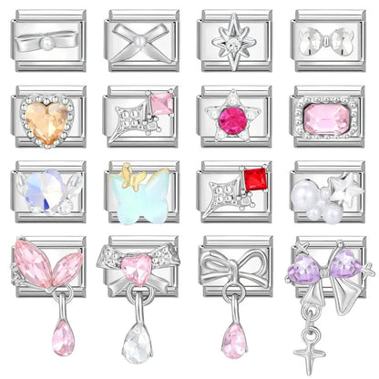 Zircon Star Heart Bow Moon Cherry Moon Italian Charm Links Fit 9mm Stainless Steel Bracelet Women Jewelry DIY Making Gifts