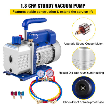 SucceBuy 1.8 CFM - 4.8 CFM Refrigerant Vacuum Pump Kits HVAC 1/3HP 1/4 HP with Manifold Gauge for Household Air Conditioning