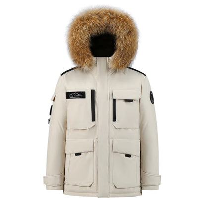 -30 Degree Down Parkas Men Windproof Hooded Thicken Multi-pocket Down Coat Casual Fashion Thick Warm Embroidered Design Parka