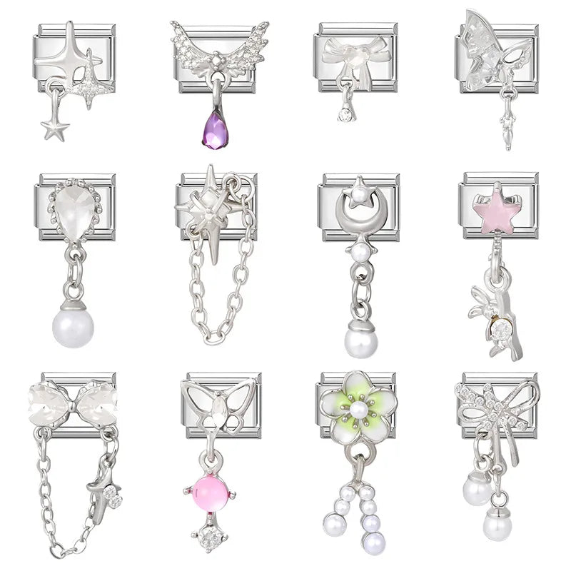 New Shiny Zircon Heart Butterfly Flower Star Bow Italian Charm Links Fit 9MM Stainless Steel Bracelet Girls' DIY Making Gift