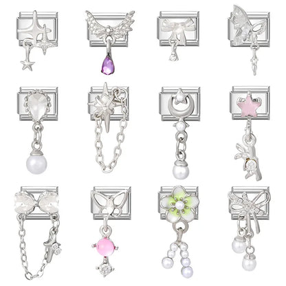 New Shiny Zircon Heart Butterfly Flower Star Bow Italian Charm Links Fit 9MM Stainless Steel Bracelet Girls' DIY Making Gift