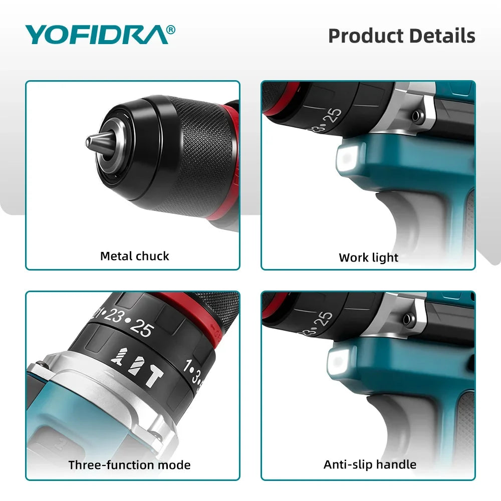 YOFIDRA  3 IN 1 25+3 Torque Electric Impact Drill Cordless Impact Drill Househeld Woodworking Power Tool for Makita Battery Pin