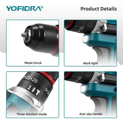 YOFIDRA  3 IN 1 25+3 Torque Electric Impact Drill Cordless Impact Drill Househeld Woodworking Power Tool for Makita Battery Pin