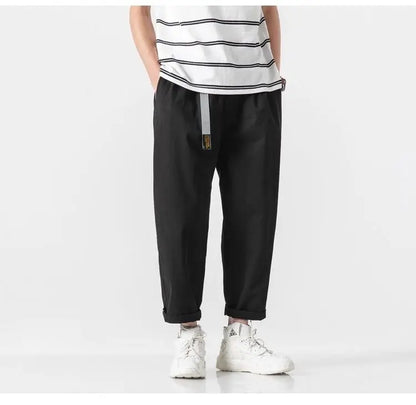 100% Cotton Casual Summer Pants With Belt Men Straight Baggy Ankle-Length Cargo Trousers Wide Leg Sweatpants Male Streetwear