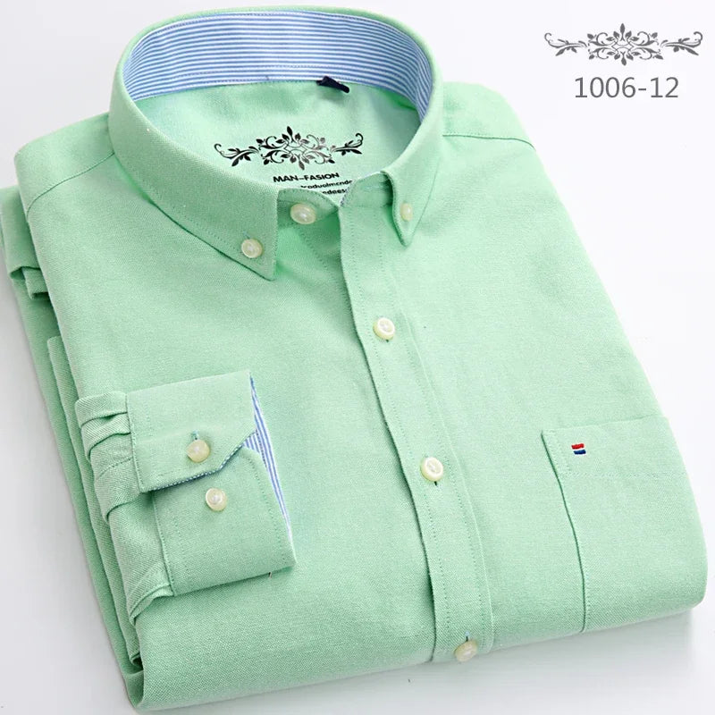 Classic Fit Cotton Full Casual Shirts for Men Solid Color Long-Sleeve Plain Shirt Single Pocket Top Soft Slim Fit Formal Clothes