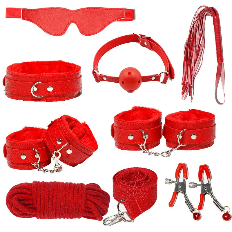 6-10Pcs/Set Sexual Bondage Handcuff Whip Adult Couple Sex Toys Tools Set Erotic Sex Toys for Woman Couples Leather BDSM Kits