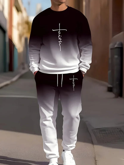 Autumn Casual Men's Long-Sleeve Set Trendy Gradient Print Outdoor Crew Neck Long-Sleeve Top & Casual Pants Two-Piece Set