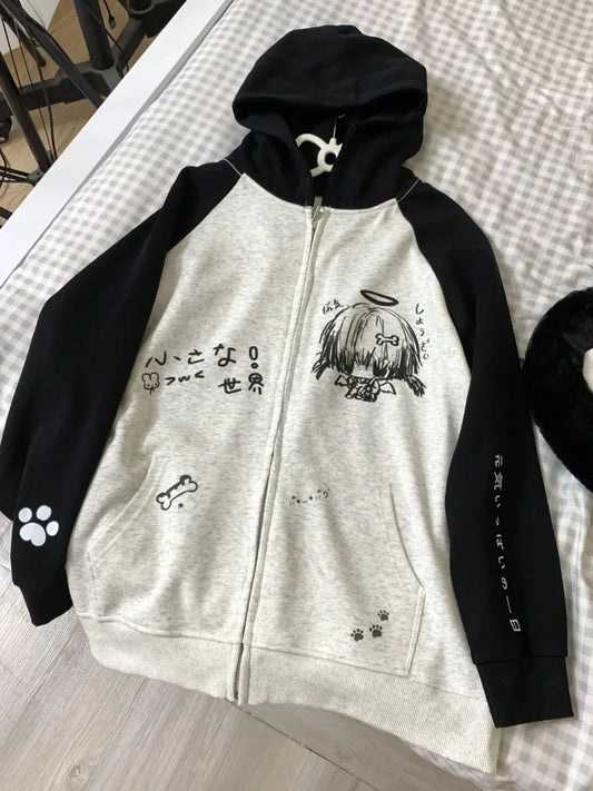 Zip Up Hoodie Cartoon Japanese Grunge Sweatshirt Women Clothing Streetwear Anime Print Jackets Y2k Tops Casual Loose Outerwear
