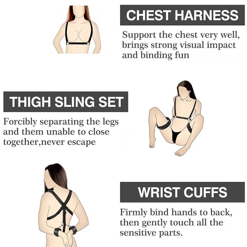 Sexual Bondage Restraint Kit BDSM Leather Thigh Sling Breast Belt Rear Handcuffs Spread Legs Slave Fetish Anal Hooks Fetish