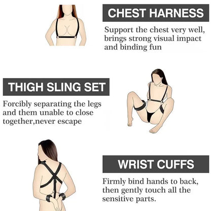 Sexual Bondage Restraint Kit BDSM Leather Thigh Sling Breast Belt Rear Handcuffs Spread Legs Slave Fetish Anal Hooks Fetish