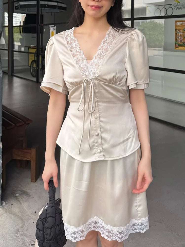 Elegant Satin Lace Patchwork Skirt Two-piece Set V Neck Short Sleeve Lace Up Tops Mini Skirts Suit 2026 New Party Daily Outfits