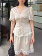 Elegant Satin Lace Patchwork Skirt Two-piece Set V Neck Short Sleeve Lace Up Tops Mini Skirts Suit 2026 New Party Daily Outfits
