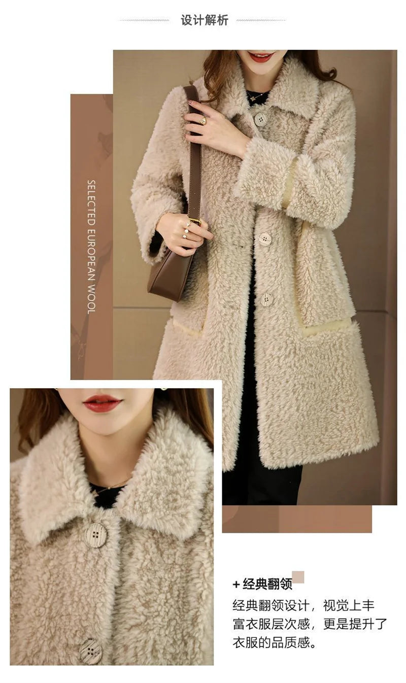 Female Winter Slim Grain Wool Middle Long Coat Women New Middle-Aged And Elderly Cashmere Thickened Imitation Lamb Wool Overcoat