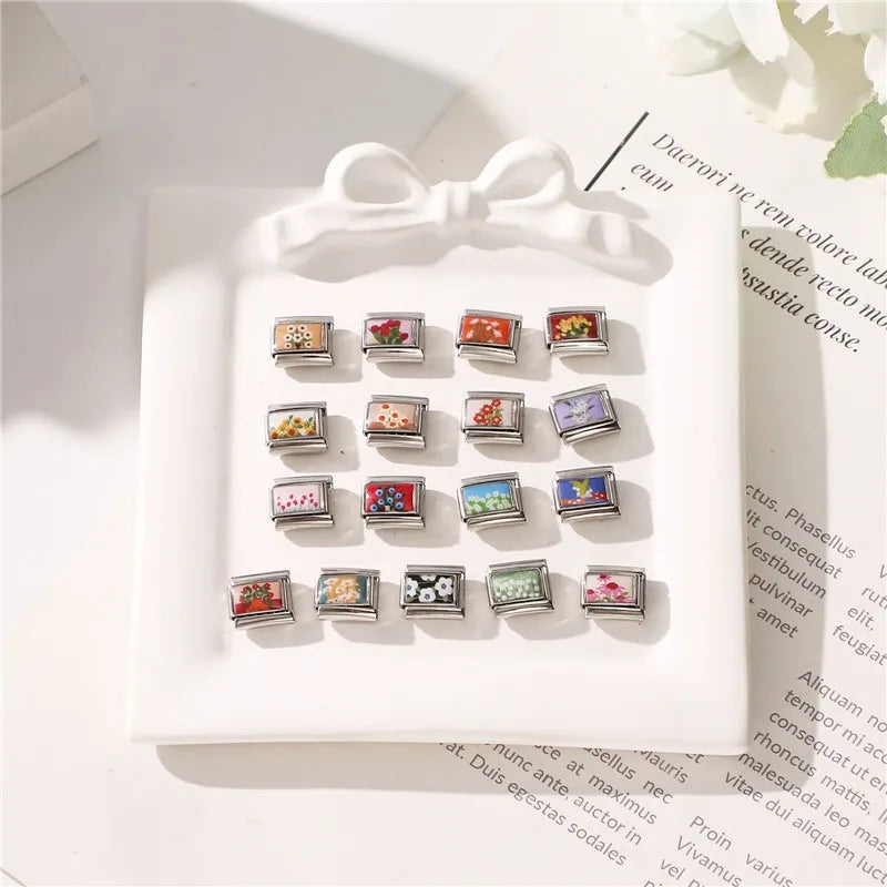 2025 Women's Fashion Colorful Flowers Oil Painting Style Series Italian Charms Fit 9mm Stainless Steel Bracelet DIY Jewelry Gift